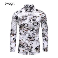 45KG-120KG Lotus and Bamboo Leaves Chinese Ink Painting Casual Button Down Long Sleeve Shirts 5XL 6XL 7XL 210528