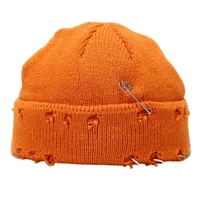 Beanies Unisex Winter Knitted Beanie Hat With Pins O-Ring Vintage Distressed Hole Solid Color Hip Hop Stretch Cuffed Skull Cap