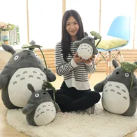 30cm INS Soft Totoro Doll Standing Kawaii Japan Cartoon Figure Grey Cat Plush Toy With Green Leaf Umbrella Kids Present