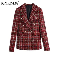 KPYTOMOA 여성 패션 더블 브레스트 트위드 체크 블레이저 코트 빈티지 긴 소매 닳은 트림 여성 겉옷 세련된 탑 211029
