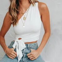 One Shoulder Women Tanks Top Vest Summer Skinny Solid Bow Knot Belt Crop Tops Streetwear Fashion Ladies Camisole Sexy Camis1