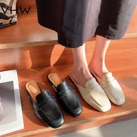 Women Mules Shoes Closed Toe Beige Leather Slippers Ladies 2021 Spring Summer Slide Fashion Elegant1964426