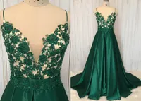 Dark Green V neck A line Prom Evening Dresses Satin with Spaghetti Straps Lace Beaded Sequined Ruched Long Bridesmaid Party Cocktail Pageant Dresess