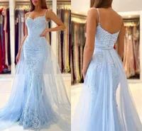 Fantastic Light Sky Blue Mermaid Evening Dresses With Detachable Tulle Skirt Appliqued Lace Sexy Spaghetti Backless Long Women Occasion Party Prom Gowns