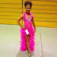 ユニークな女の子PageantのドレスAラインホルターピンクの高くオーガンザラインストーンビーズの小さな花ガールズドレスパーティーガウン