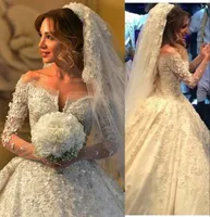 Abiti da sposa di lusso 2016 Off spalla scollo av merletto pieno applique in rilievo sheer manica lunga abiti da sposa su misura una linea abiti da sposa