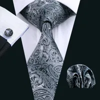 Fast Shipping Mens Ties Black Paisley Silk Tie Hanky Cufflinks Set Jacquard Woven Business Fashion Accessories Neck Tie Set Formal N-0209