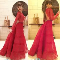 Sängerin Myriam Fares Roter Teppich Celebrity Kleider mit langen Ärmeln Backless Jewel Neck Eine Linie bodenlangen Abend Party Kleider