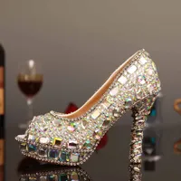 Luksusowy AB Crystal High Heels Woman Shoes Moda Brokat Kryształ Peep Toe Sukienka ślubna Buze Buty Dama Party Proms Darmowa Wysyłka