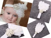 1pc bébé blanc frisé plumes élastique souple bandeau perle strass pour cheveux Accessoires Fille du nouveau-né Baptême Hairband photo Prop YM6112