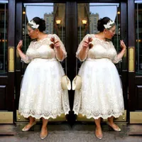 Dantel Artı Boyutu Kısa Gelinlik 2018 Çay Boyu Bir Çizgi Gelin törenlerinde Illusion Uzun Kollu Kadınlar Düğün Vestidos Custom Made Ucuz