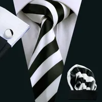 Schneller Versand Herren Krawatte Set Hanky ​​Manschettenknöpfe Schwarz Weiß Streifen Herren Krawatte Set Seide Jacquard gewebt Klassische Krawatte N-0276