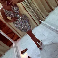 BlingBling Shiny Crystal Sequined Short Cocktail Party Dresses Halter Sleeveless Sheath Above Knee Length Prom Gowns