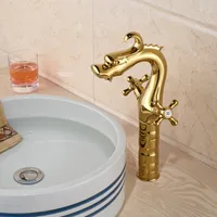 バスルームのゴールドプレートシングルホールダブルハンドルデッキマウントのためのドラゴン形の盆地のシンクの蛇口