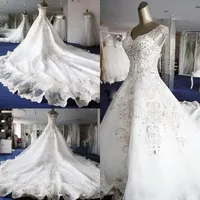 2018 New Designer Top Quality A-Line wedding dresses Ball Gown gorgeous and Cap Sleeves With V Neckline Crystals wedding gowns