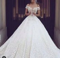 2020 New Luxury Ball Gown Wedding Dresses Full Broderi Royal Train Vit Lace Bridal Gowns Sexy V Neck Kortärmad Bröllopsklänningar 327