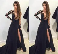 2017 Sexy Długie Czarne Suknie Dresses Aplikacje Głębokie V-Neck Długie Rękawy Side Split Evening Party Suknie Custom Made Vestisdos de Novia