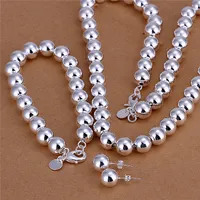 S082 Factory Price 925 sterling silver plated 10MM prayer beads necklace & bracelet & earrings Fashion Jewelry Set wedding gift for woman