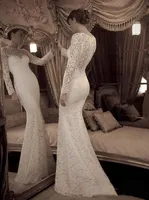 Merletto della sirena elegante bianco pulsanti belli guaina maniche lunghe gioiello sexy su ordine in magazzino abiti da sposa