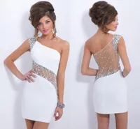 Een schouder goedkope witte homecoming jurken sexy zien door rug met kristal kralen pailletten mini korte prom cocktailjurk