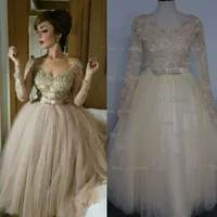 Real Image 2015 Prom Klänningar V-Neck Lace Appliques / Beading / Sequins Sheer Long Sleeve Ball Gown Tulle Champagne Aftonklänning Dhyz 01
