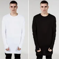 Wholesale- Fashion Mens Extended Tee Long Sleeve Oversized Hip Hop Black White Grey Wool Tshirt Plus Size For Men Big and Tall