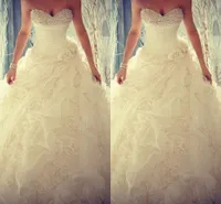 2015 Spring Beaded Crystals Wedding Dresses Flouncing Ruffles Handmade Flower Organza Wedding Gowns Sweetheart Ball Gown Elegant Bridal Gown
