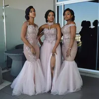 Three Styles Spaghetti Halter Off Shoulder Mermaid African Bridesmaid Dresses Long Lace Applique Maid Of Honor Wedding Guest Dress EN110313