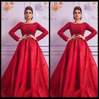 New Arrival Red Arabic Evening Dress Długą Rękaw Długość Pęchek Zroszony Top Formal Party Suknie 2016