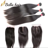 Włosy splot z zamknięciem Indian Peruwiański Malezyjski Brazylijski Nieprzetworzony Weave Black Silky Proste Bellahair Bundles