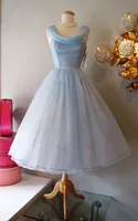 ヴィンテージ1950年代短いウエディングドレスティーレングスショートシンシャラブルーパーティードレスバックレス8年生の帰省卒業ドレス