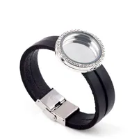 Fashion Jewelry Opened 30MM Black Genuine Leather Bracelet floating locket Bracelet DIY magnetic Glass Frames Floating Charm Lockets