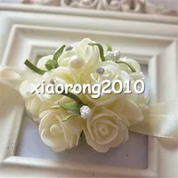 Mini Foam Rose Wrist Flower Artificial PE Green Leaf Fruit Rose Ball Shape Bridal Hand Flowers for Wedding Centerpiece