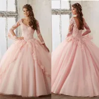 新しいQuinceanera Pageant Ball Gown Long-Sleeve Dress Prom Party Dresses Pink Tulle Aptique Lace Sexy16ドレス