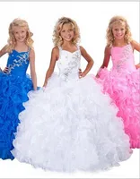 Biała Mała dziewczynka Suknie Koraliki Zroszony Ruffles Organza Ball Suknia Długość Flower Girl Dresses 2020 Quinceanera Suknie