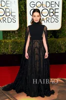 2016 73rd Golden Globe Awards Celebrity Dresses Black Emilia Clarke High Neck Handmade Flower A line Evening Prom Gowns