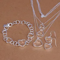 Leeg hart vorm 31g sterling zilver plaat sieraden set fit vrouwen s79,925 zilveren ketting pandent armband oorbel, groothandel detailhandel