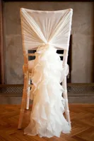 2015 Romantisk Elfenben Organza Ruffles Chair Cover Sashes Bröllopsdekorationer Vackra stol dekorationer