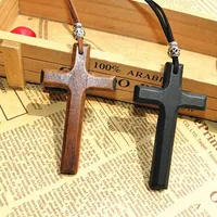 Discount wooden cross pendant necklace vintage beads leather cord sweater chain men women jewelry handmade stylish 15pcs