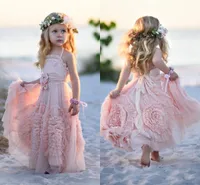 Rosa Flower Girls 'Dresses for Wedding Lace Appliques Ruffles Kids Formal Wear Ärmlös Long Beach Girls' Pagant Grows