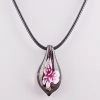 Estilo único moda flor lampwork água gota forma colar de pingente de vidro de Murano mulheres colar de corrente de couro N414