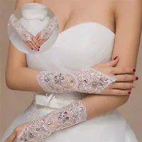 Fünf Fingerhandschuhe 1 Paar 2 Arten weiß / rot / beige Bridal Eleganter kurzer Abschnitt Strass Weißer Spitze Handschuh Schöne Hochzeitszubehör