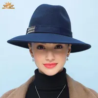 Stingy Brim Hats Lady Winter Blue Wool Hat Women All-Match 순수 재즈 여성 파티 Fedoras 모자 B-4777