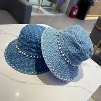 Denim Blue Wild Pearl Bucket Hat Lady Sun met Pearls Fisherman for Women Kol Sale Wide Brav Hats