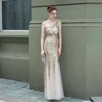 Gold Sequined Mesh One Shoulder Sleeveless Long Mermaid Luxury Women Dresses Summer 2021 Party Sexy Clubwear Elegant Dress Casual
