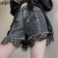 Wakuta Stylis Enbrinidery Flaring Shorts Женская летняя высокая улица джинсы шорты лоскутное кружевное подол шикарный корейский мода 210529
