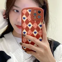 Vintage Knit Sweater Pattern Love Heart Lattice Phone Case For iPhone 13 11 12 Pro Max X XS Max XR 7 8 Plus Red Painting Cover