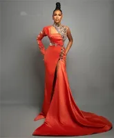 African Nigeria Style Arancione Arancione in rilievo Sirena Mermaid Abiti da sera 2022 Una spalla Sexy Sexy Split Spalato Maniche lunghe Pageant Party Prom Gowns Vestidos de Noite