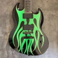 Custom LTD James Hetfield Grynch Sparkle Green Flame SG Electric Guitar 27 Inch Baritone Scale Length, White Pearl Dot Inlay, China EMG Pickups, Black Hardware