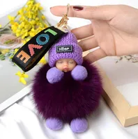 Pompom 잠자는 아기 키 체인 귀여운 솜털 봉제 인형 열쇠 고리 여성 소녀 가방 키 링 자동차 키 체인 선물 매력적인 장식